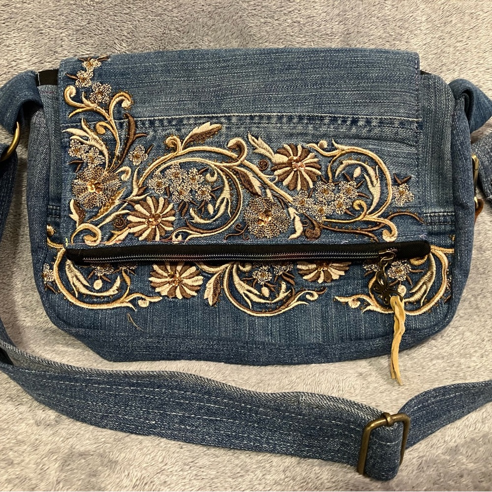 Embroidered Denim Crossbody Bag